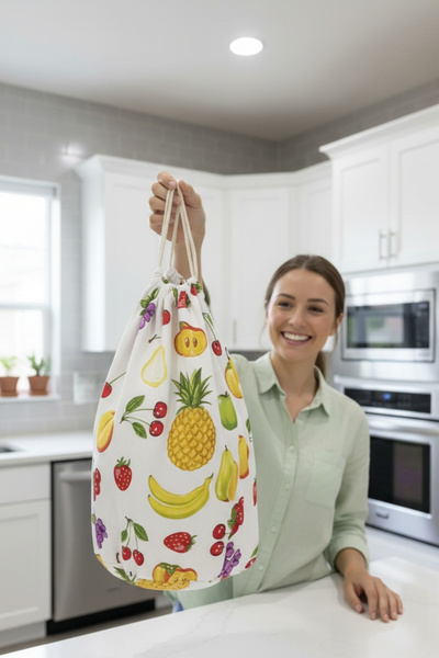 Mislina Home Organik Pamuk Meyve Desenli Çok Amaçlı Bez Çanta | Ekmek - Market - Oyuncak -Poşetlik Torbası 35x40