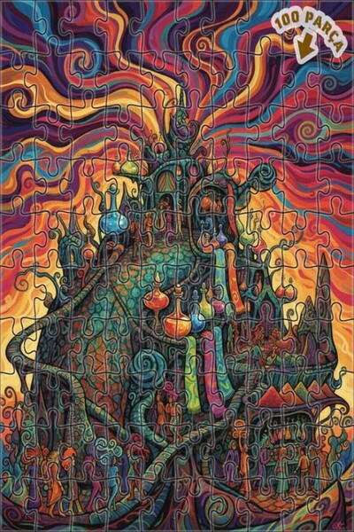 Teona Ahşap لغز خشبي مؤطر ذو طابقين بتصميم قصر سحري ملون بمظهر لوحة زيتية 100...