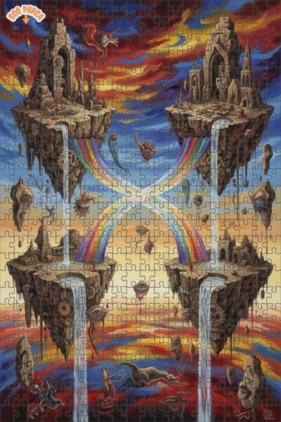 Teona Ahşap Surreal Sky Waterfalls Oil Painting Look Wooden Puzzle 500 Pieces...
