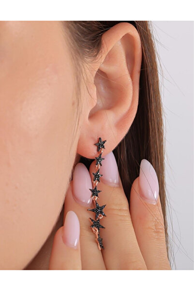 MSMODAM SILVER 925 Ayar Gümüş Siyah Zirkon Taşlı Yıldız Kadın Küpe 14 Ayar Al...