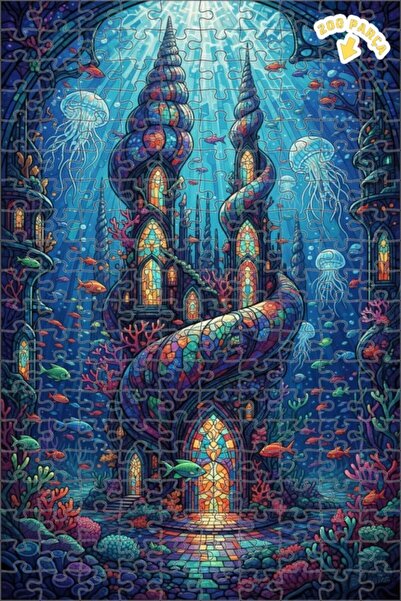 Teona Ahşap قلعة سحرية تحت الماء ذات مظهر فني من الزجاج الملون، لغز خشبي مؤطر...