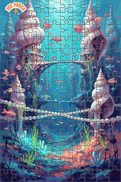 Teona Ahşap Submarine City Tale Watercolor Look Double Layer Framed Wooden Pu...