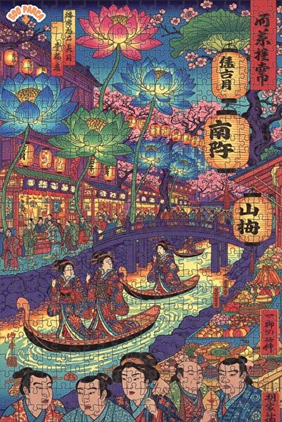 Teona Ahşap Spring Flowered Traditional Japanese Market Oil Painting Double-L...