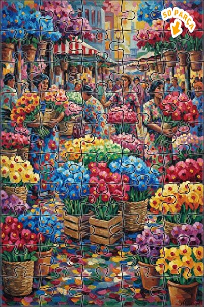 Teona Ahşap لغز خشبي بتصميم سوق الزهور النابض بالحياة، 50 قطعة، مقاس 15×25