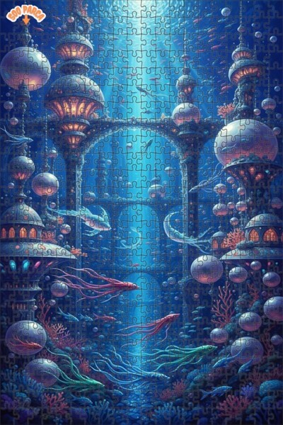 Teona Ahşap Fantastic Undersea City Oil Painting Look Double Layer Framed Woo...