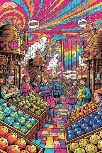 Teona Ahşap Magic Fruit Market Comic Book Look Double Layer Framed Wooden Puz...