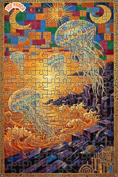 Teona Ahşap Majestic Jellyfish under the Seas Oil Painting Double-Layer Frame...