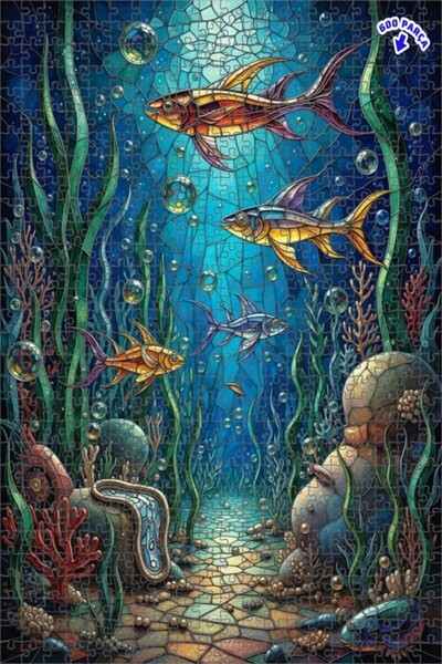Teona Ahşap لغز خشبي بإطار مزدوج الطبقات بتصميم زجاجي ملون يصور عالم الأسماك ...