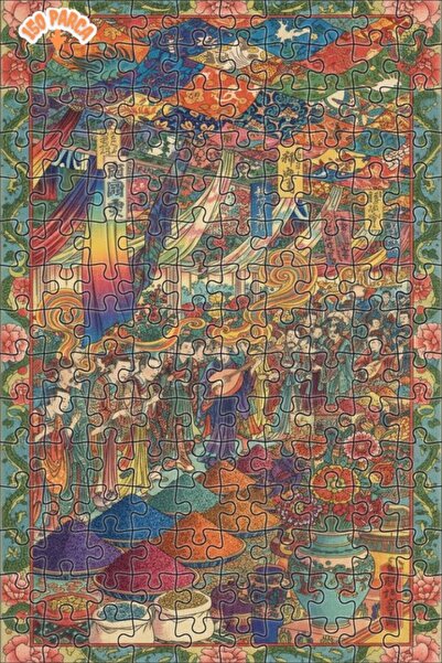 Teona Ahşap Colorful Bazaar Scene Oil Painting Look Double Layer Framed Woode...