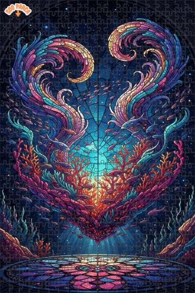 Teona Ahşap Magical Undersea Heart Mosaic Lookalike Double-Layered Framed Woo...