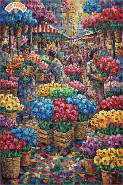 Teona Ahşap Live Flower Market Oil Painting Look Wooden Puzzle 150 Pieces 20X30