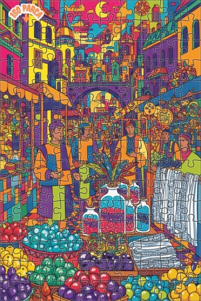 Teona Ahşap Vibrant Marketplace Patterned Oil Painting Look Double Layer Fram...