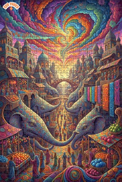 Teona Ahşap Dreamland Elephant Market Oil Painting Lookalike Double Layer Fra...