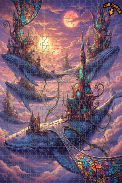 Teona Ahşap لغز فني على شكل لوحة زيتية لمناظر مدن خيالية على شكل حيتان السماء...