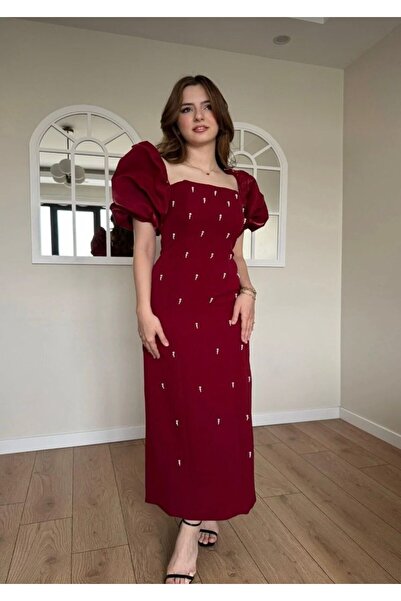 BIXRA Square Neck Maxi Length Black Dress with Stone Detail