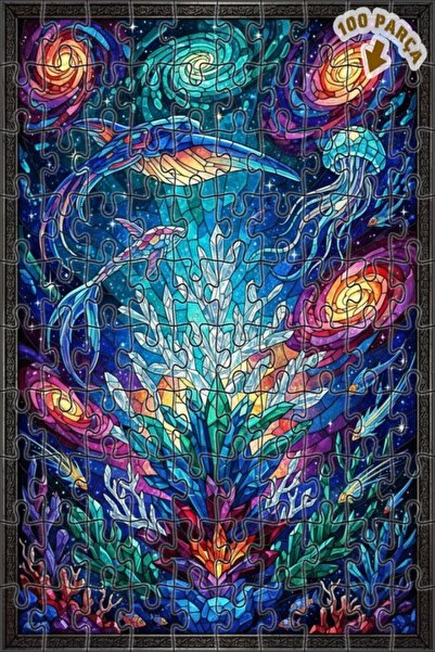 Teona Ahşap لغز خشبي مزدوج الطبقات بإطار من الزجاج الملون بتصميم مخلوقات البح...