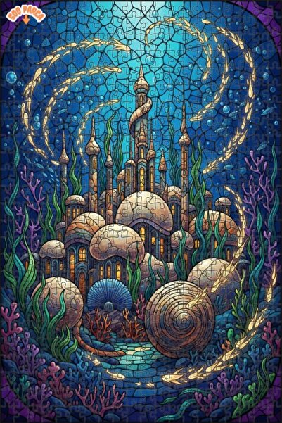 Teona Ahşap Mermaid Palace Stained Glass Look Wooden Puzzle Double Layer Fram...