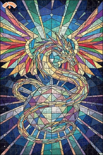 Teona Ahşap لغز خشبي بإطار ذو طابقين بمظهر الزجاج الملون الفني للتنين 500 قطع...