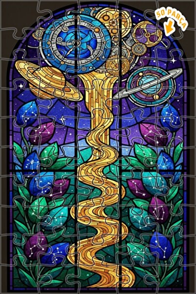 Teona Ahşap لغز خشبي مؤطر ذو طبقتين بتصميم فني من الزجاج الملون بموضوع المكان...