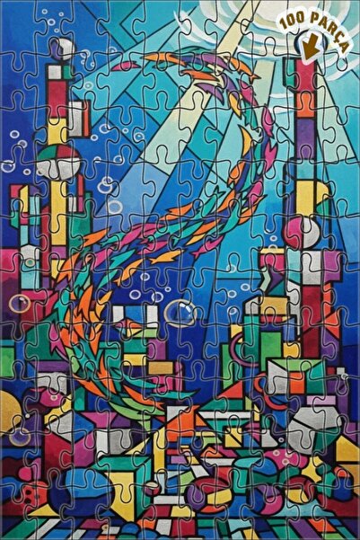 Teona Ahşap لغز خشبي مؤطر بطبقتين على شكل مجموعة أسماك ملونة بمظهر فني حديث 1...