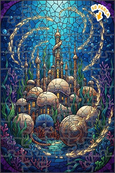 Teona Ahşap Mermaid Palace Stained Glass Look Wooden Puzzle Double Layer Fram...