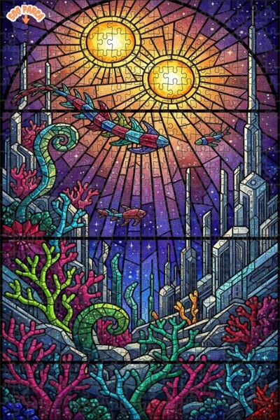 Teona Ahşap لغز خشبي مؤطر من طبقتين بتصميم فن الزجاج الملون من Dream of Atlan...