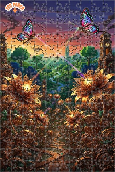 Teona Ahşap Steam Butterflies and Mechanical Flowers Double Layer Framed Wood...