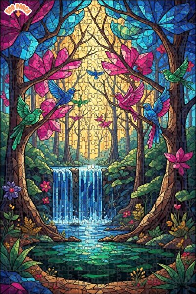 Teona Ahşap Chirping Birds Waterfall Forest Stained Glass Look Double-Layer F...
