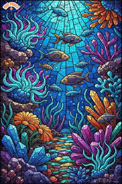 Teona Ahşap Undersea Crystal Fishes Glass Mosaic Look Double Layered Framed W...