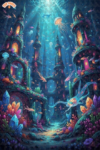 Teona Ahşap Fantastic Underwater City View Digital Art Double Layer Framed Wo...