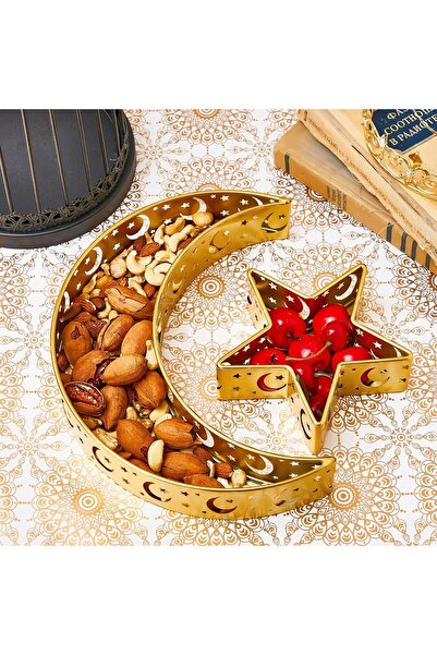 Yoawllty 2Pcs Ramadan Trays, Moon Star Ramadan Decor, Metal Gold Ramadan Serv...