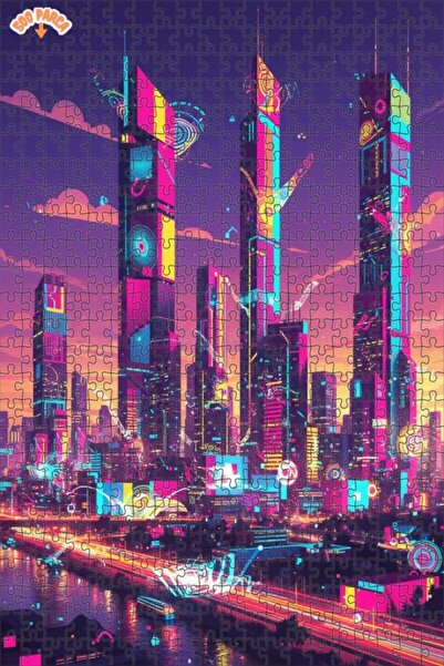 Teona Ahşap Neon Futuristic Cityscape Oil Painting Double-Layer Framed Wooden...