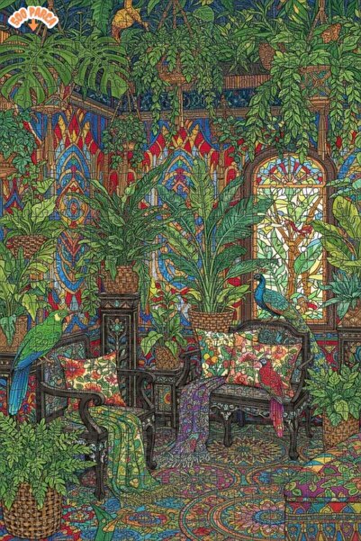 Teona Ahşap Tropik Bahçe Inspired Parrot and Peacock Double-Layer Framed Wood...