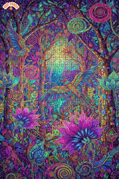 Teona Ahşap Magical Forest Birds Oil Painting Look Double Layer Framed Wooden...