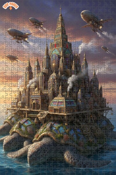 Teona Ahşap Steampunk Turtle City Puzzle 500 Pieces 50X30