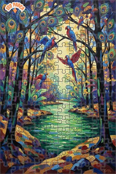 Teona Ahşap Colorful Birds Forest Breeze Oil Painting Double-Layer Framed Woo...