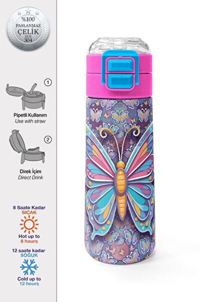 Coral High Kids Pastel Colored Butterfly Patterned Thermos with Straw and Dir...