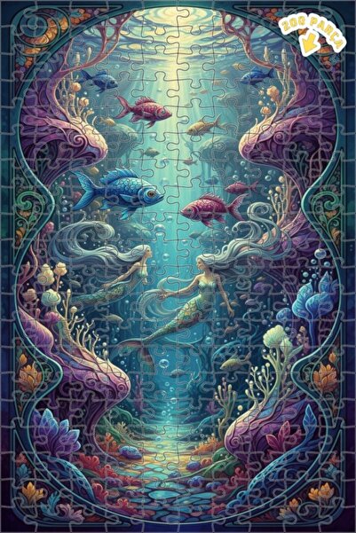 Teona Ahşap لغز خشبي مؤطر ذو طابقين بتصميم فني على شكل حورية البحر الساحرة وغ...