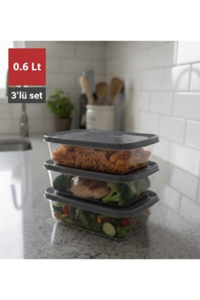 Alkanev حاوية تخزين مستطيلة الشكل من بولي تايم، 3 قطع، لون أنثراسايت (0.6 لتر)