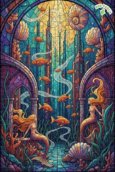 Teona Ahşap لغز خشبي مؤطر ذو طبقتين بتصميم حورية البحر السحرية وفن الزجاج الم...