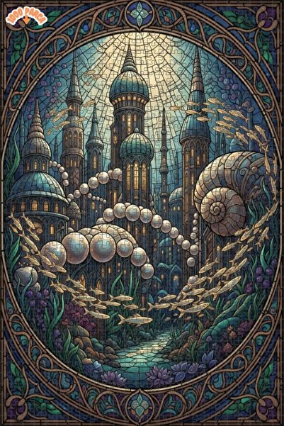 Teona Ahşap Sea Palace Mosaic Art Patterned Double Layer Framed Wooden Puzzle...