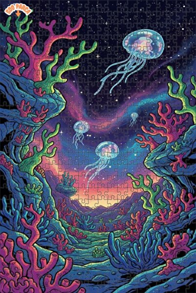 Teona Ahşap Neon Jellyfish Cosmic Landscape Double Layer Framed Wooden Puzzle...