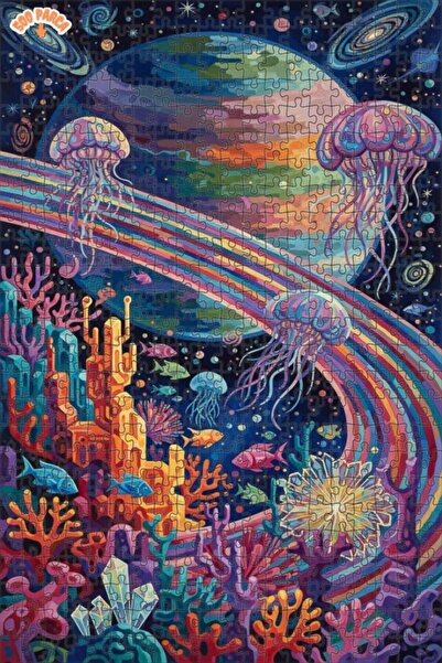 Teona Ahşap Rainbow Jellyfish Universe Oil Painting Lookalike Double Layer Fr...