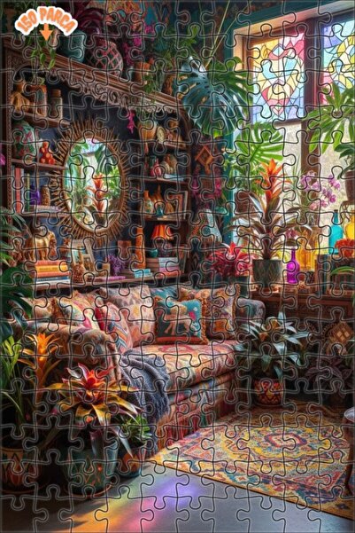 Teona Ahşap Bohemian Art House Oil Painting Look Double Layer Framed Wooden P...