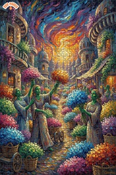 Teona Ahşap Green Women Flower Market Oil Painting Look Wooden Puzzle 500 Pie...