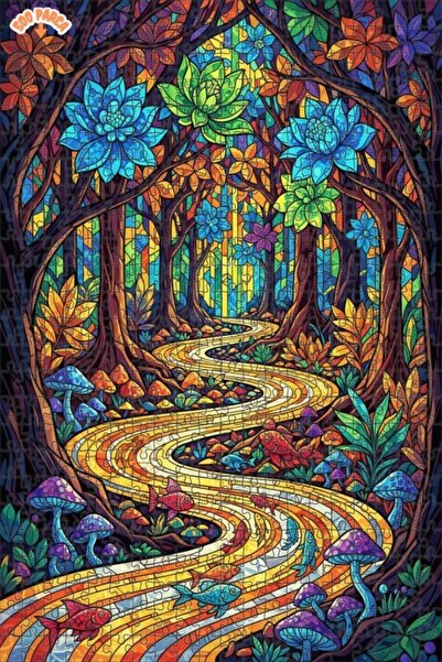 Teona Ahşap Magical Forest River Glass Mosaic Looking Double-Decker Framed Wo...