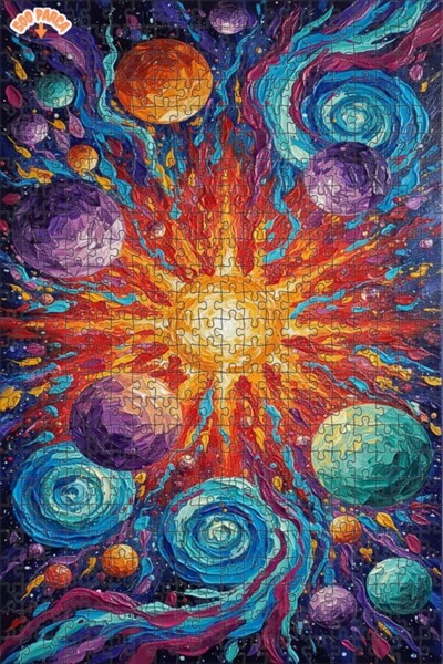 Teona Ahşap Dance of the Planets Oil Painting Look Double Layer Framed Wooden...