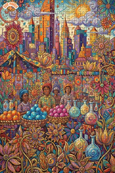 Teona Ahşap لغز خشبي مؤطر ذو طابقين بتصميم مشهد سوق ملون مرسوم بالزيت 500 قطع...