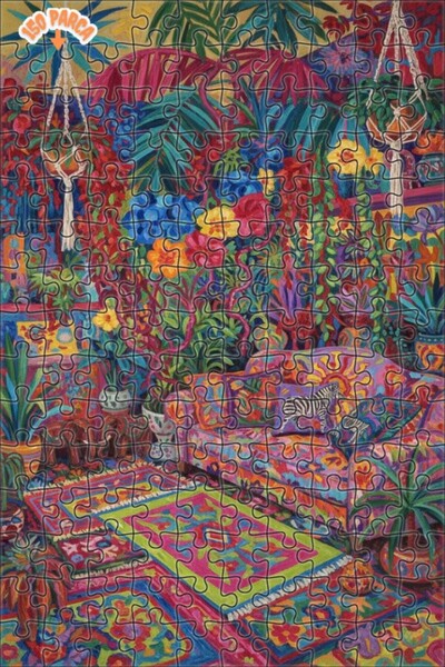 Teona Ahşap Colorful Boho Tropical Garden Oil Painting Look Double Layer Fram...