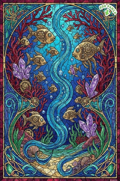 Teona Ahşap لغز خشبي بإطار مزدوج الطبقات من الزجاج الملون بتصميم السمك والكري...